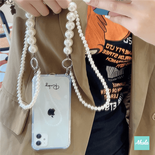【Double Pearl】Two way strap lanyard TPU Transparent iPhone Case 自訂名字雙珍珠繩透明電話軟殼