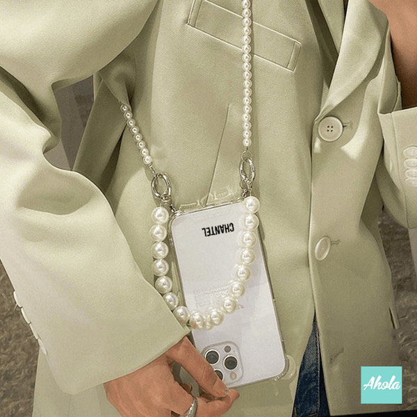 【Double Pearl】Two way strap lanyard TPU Transparent iPhone Case 自訂名字雙珍珠繩透明電話軟殼