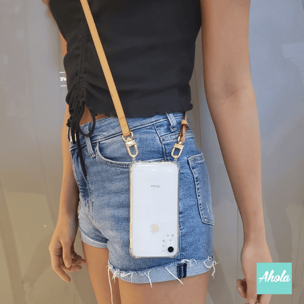 【Sofe】Crossbody Cow Leather Lanyard Gold Letter Clear Phone Case 牛皮帶掛頸金色字母硬底全包軟邊矽膠電話殼