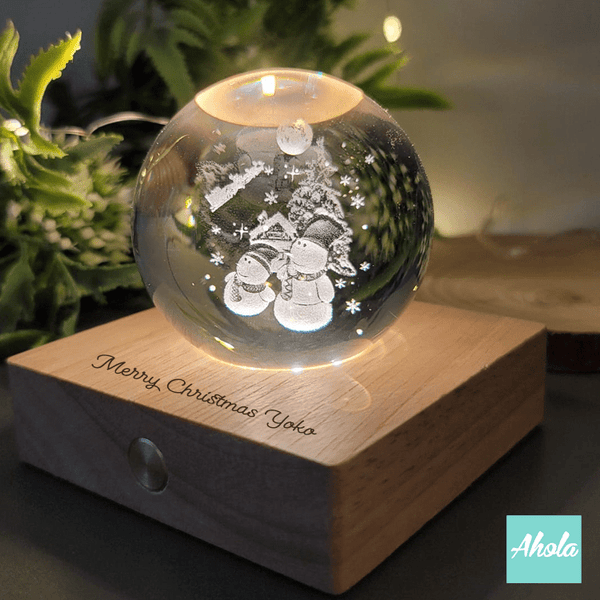 【Dineve】Crystal Ball with Laser Engraved Wooden Light 節日雪人水晶球刻字小燈盒 (3-5個工作天完成)