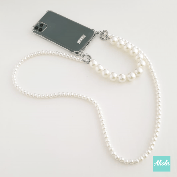 【Double Pearl】Two way strap lanyard TPU Transparent iPhone Case 自訂名字雙珍珠繩透明電話軟殼