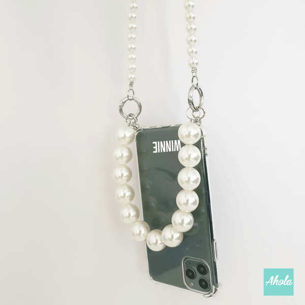 【Double Pearl】Two way strap lanyard TPU Transparent iPhone Case 自訂名字雙珍珠繩透明電話軟殼