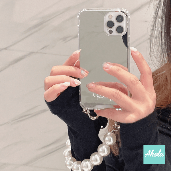 【Faux Pearl】Mirror Lanyard iPhone Case 人造珍珠掛繩自訂名字鏡面電話殼
