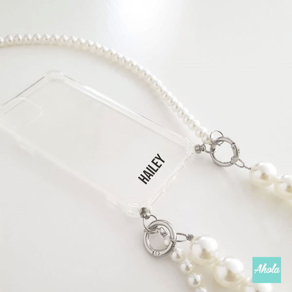 【Double Pearl】Two way strap lanyard TPU Transparent iPhone Case 自訂名字雙珍珠繩透明電話軟殼