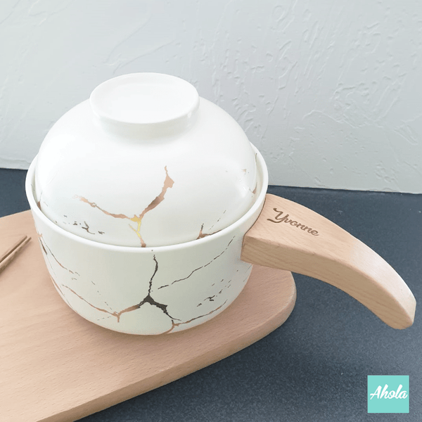 【Golden】Marble Ceramic Pot with Wood Handle 白金色雲石紋陶瓷碗 (3-5個工作天完成)