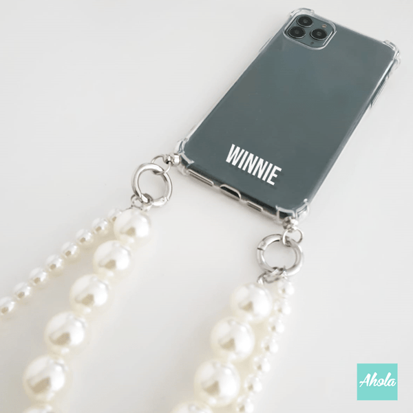 【Double Pearl】Two way strap lanyard TPU Transparent iPhone Case 自訂名字雙珍珠繩透明電話軟殼