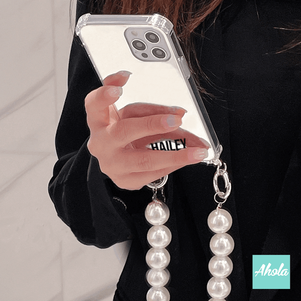 【Faux Pearl】Mirror Lanyard iPhone Case 人造珍珠掛繩自訂名字鏡面電話殼
