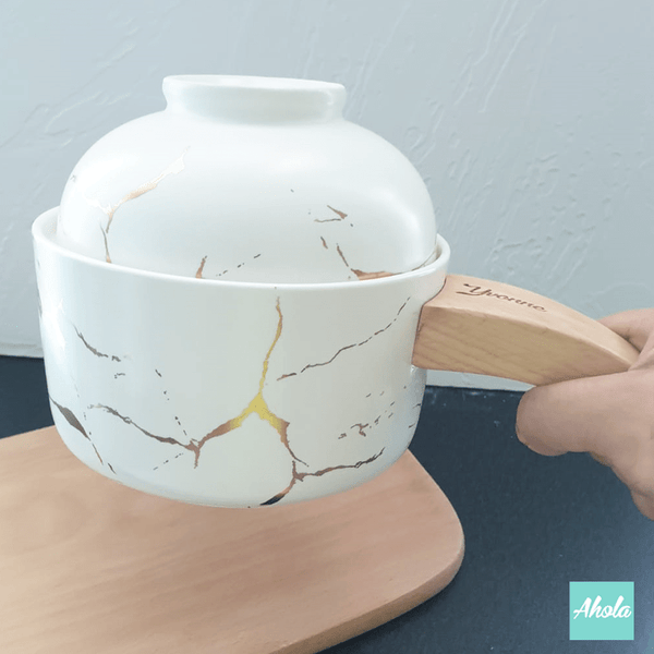 【Golden】Marble Ceramic Pot with Wood Handle 白金色雲石紋陶瓷碗 (3-5個工作天完成)