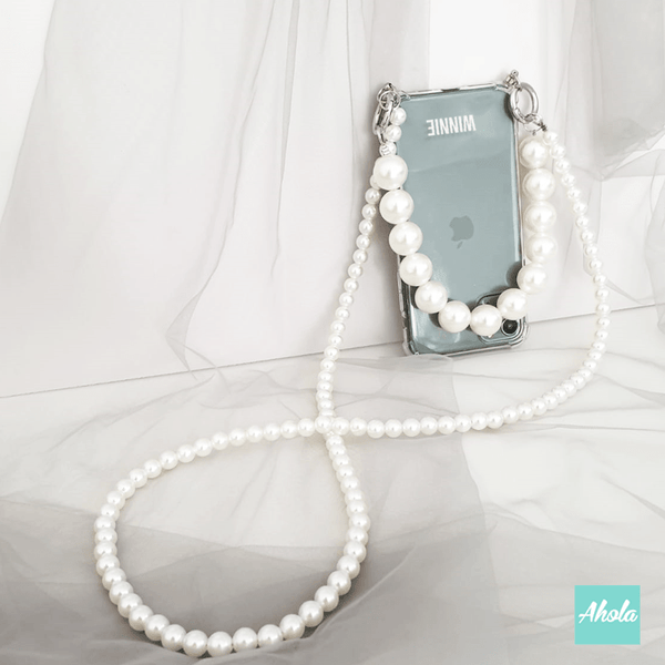 【Double Pearl】Two way strap lanyard TPU Transparent iPhone Case 自訂名字雙珍珠繩透明電話軟殼