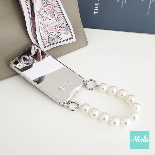 【Faux Pearl】Mirror Lanyard iPhone Case 人造珍珠掛繩自訂名字鏡面電話殼