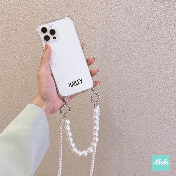 【Double Pearl】Two way strap lanyard TPU Transparent iPhone Case 自訂名字雙珍珠繩透明電話軟殼