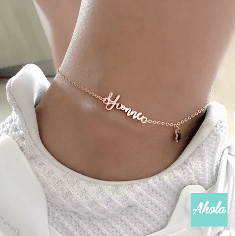 SP016 名字星星腳鏈 Platinum/Rose gold Plated Sterling Silver Name Anklet with star  📣此產品新年/情人節前出貨已截單, 由1月15號至2月26號落單將會在3月中/尾寄出 - Ahola