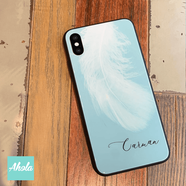 【Feather】Black bumper tempered glass phone Case 羽毛全包邊玻璃名字電話殼 - Ahola