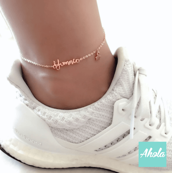 SP016 名字星星腳鏈 Platinum/Rose gold Plated Sterling Silver Name Anklet with star  📣此產品新年/情人節前出貨已截單, 由1月15號至2月26號落單將會在3月中/尾寄出 - Ahola