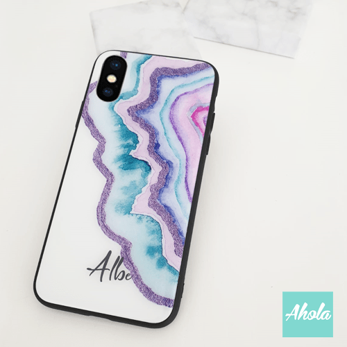 【Agate Stone】Black bumper tempered glass phone Case 瑪瑙石黑色全包邊玻璃名字電話殼 - Ahola