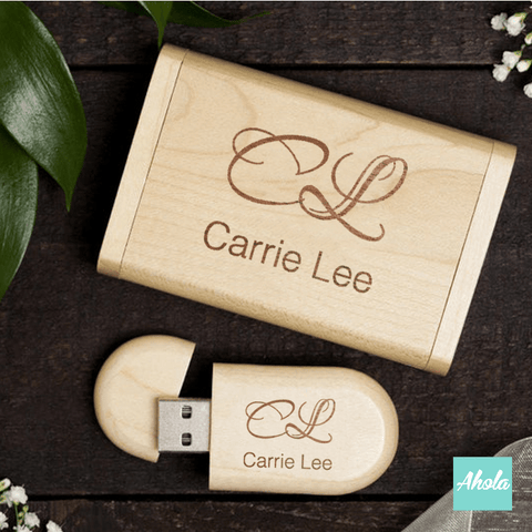 【Two Initials】Laser Engraved Wooden Box USB drive 激光刻字木盒USB手指 - Ahola