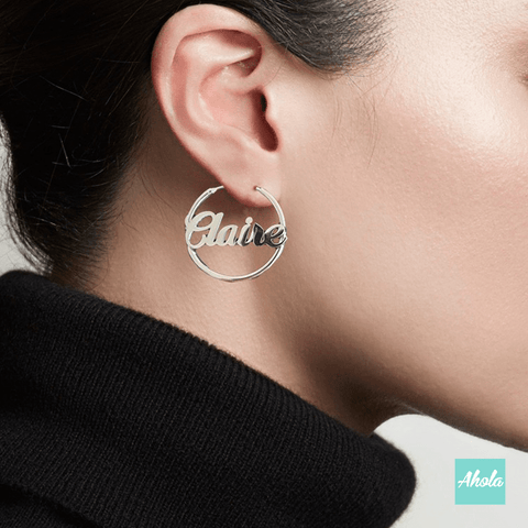 SP058 Platinum Plated Sterling Silver Name Hoop Earrings 純銀名字耳圈 - Ahola