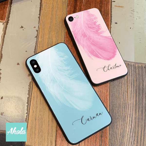 【Feather】Black bumper tempered glass phone Case 羽毛全包邊玻璃名字電話殼 - Ahola