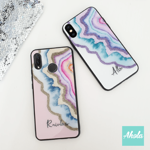 【Agate Stone】Black bumper tempered glass phone Case 瑪瑙石黑色全包邊玻璃名字電話殼 - Ahola