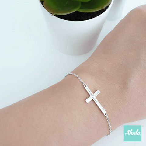 SP051 Sterling Silver Cross Bracelet 純銀十字架刻字手鏈 - Ahola