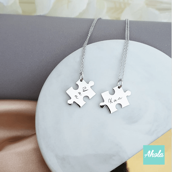 SP056 Platinum Plated Sterling Silver Puzzle Piece Necklace Set 純銀刻字砌圖頸鏈 - Ahola