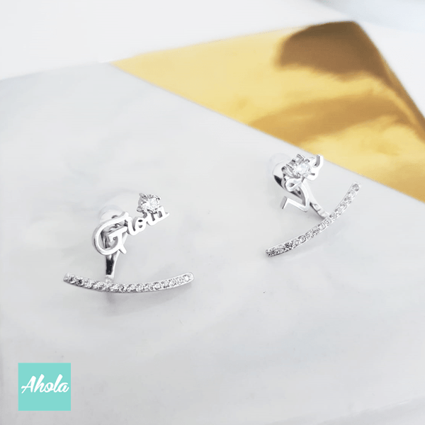 【SP039】Platinum Plated Sterling Silver 925 name with Semi-arc zircon Earrings 純銀名字耳環配半弧形鑲鋯石後掛耳環 📣由於農曆新年假期關係, 此產品最遲在1月24號落單/付款, 2月8左右完成寄出, 而1月25號至2月14號落單將會在3月頭/中寄出 - Ahola