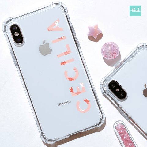 【Pink Florals】Soft PU transparent phone case 粉色小花名字透明電話軟殼 - Ahola