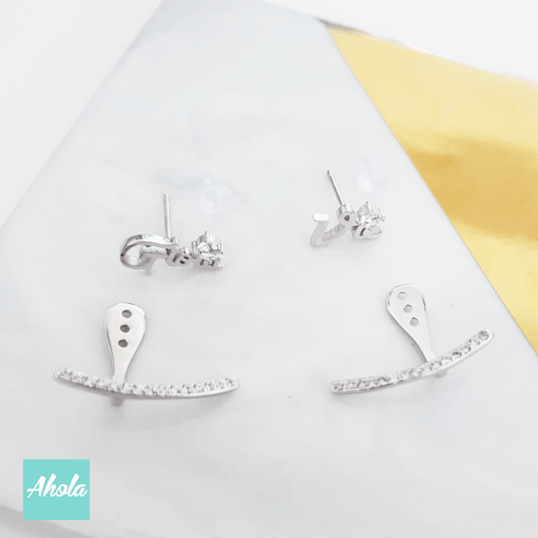 【SP039】Platinum Plated Sterling Silver 925 name with Semi-arc zircon Earrings 純銀名字耳環配半弧形鑲鋯石後掛耳環 📣由於農曆新年假期關係, 此產品最遲在1月24號落單/付款, 2月8左右完成寄出, 而1月25號至2月14號落單將會在3月頭/中寄出 - Ahola