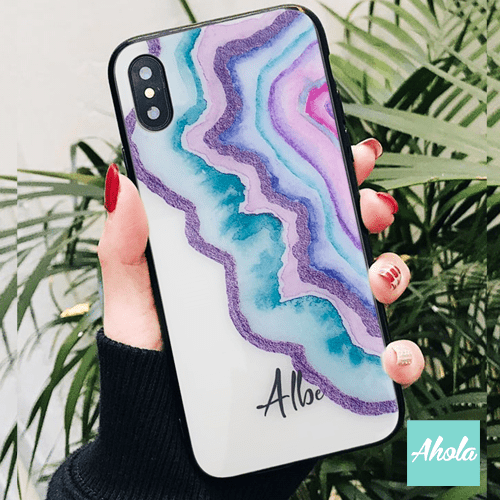 【Agate Stone】Black bumper tempered glass phone Case 瑪瑙石黑色全包邊玻璃名字電話殼 - Ahola